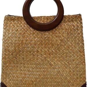 QZUnique Hand-woven Straw Bag Women Summer Beach Handbag Purse Retro Rattan Tote Clutch Travel Bag with Wood Round Top Handle